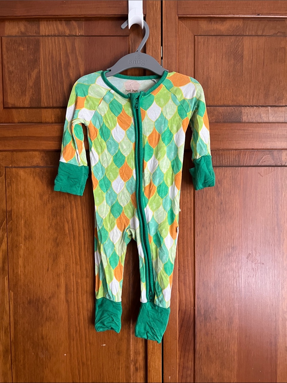 Little Sleepies Green Orange White Diamond-Print Footed One-Piece